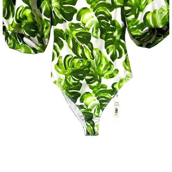 Caroline Constas Nova Off-Shoulder Puff Sleeve One Piece in Green Palm Leaf XS - Picture 6 of 10
